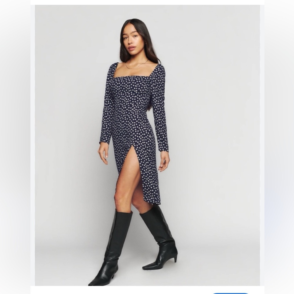 Reformation Peyton Dress Navy Polka Dot Midi Long Sleeve Square Neck Side Slit 4